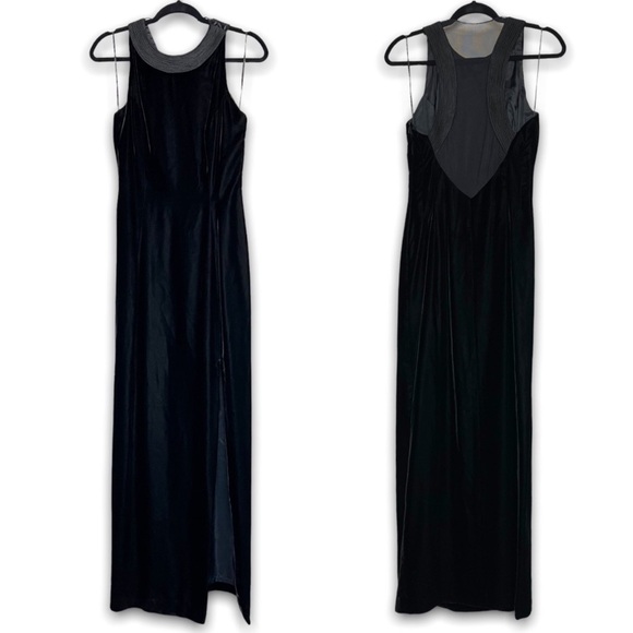 Vintage Dresses & Skirts - VINTAGE Black Velvet Halter Neck‎ Thigh Slit Racerback Mesh Panel Column Gown
